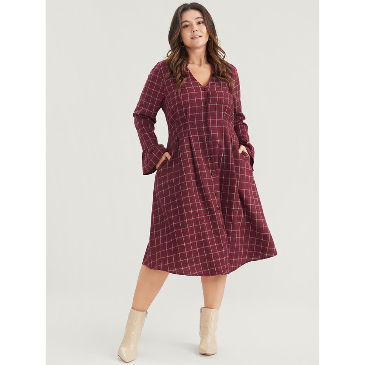 Plus Size Gingham Pocket Button Up Bell Sleeve V Neck Dress Without Belt Russet Women Office Button V-neck Long Sleeve Curvy Midi Dress BloomChic 18-20/2X Product Image