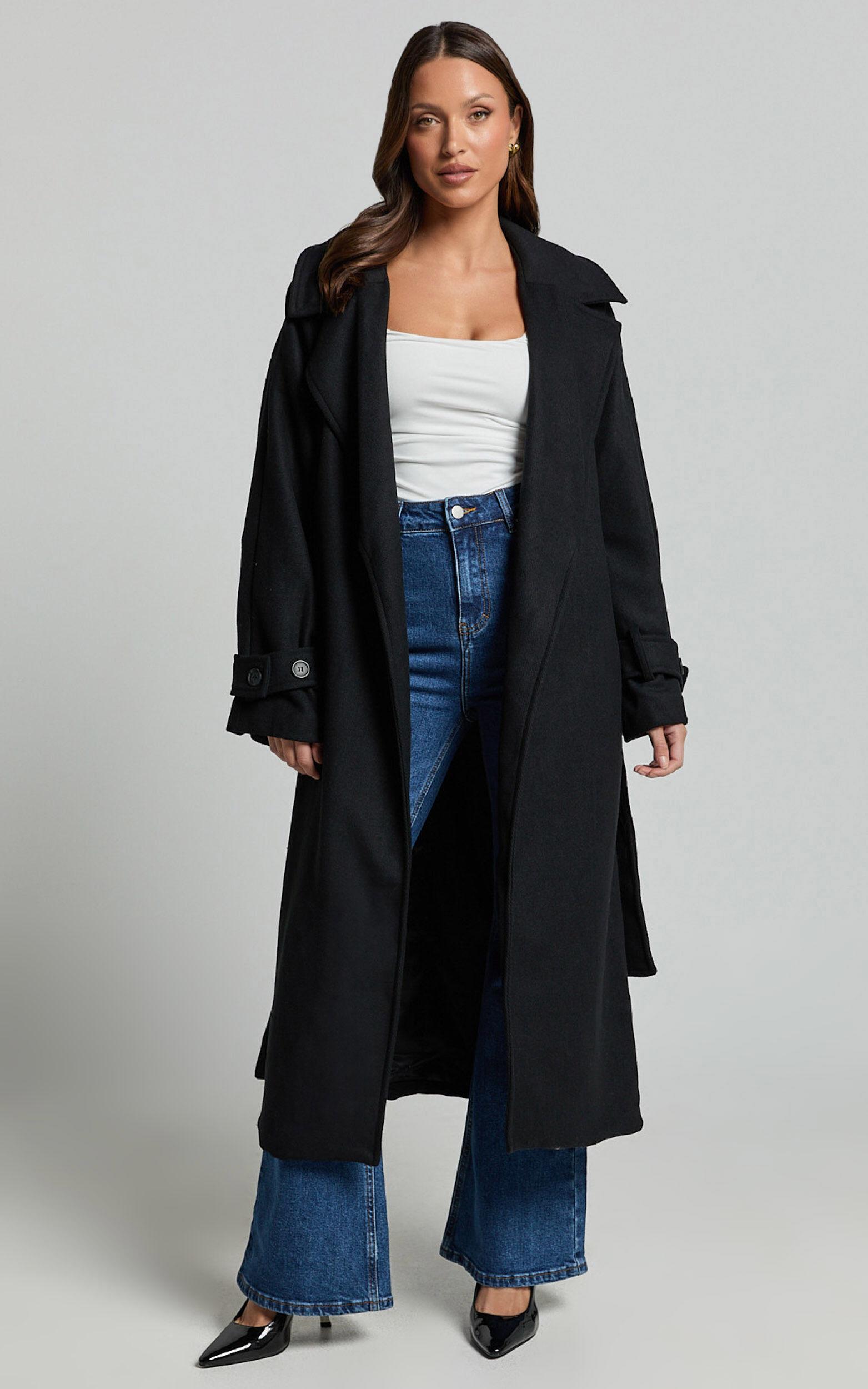 Mella Coat - Belted Longline Coat in Black Product Image