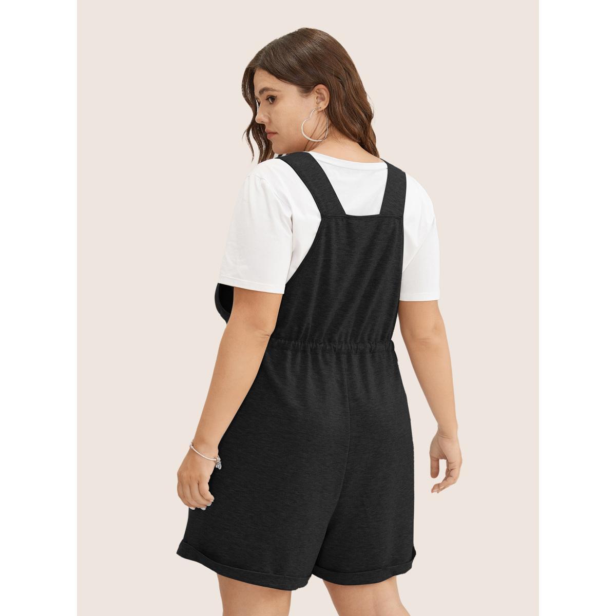 Plus Size Black Solid Pocket Drawstring Overall Romper Women Casual Sleeveless Non Everyday Loose Jumpsuits BloomChic 30/6X Product Image