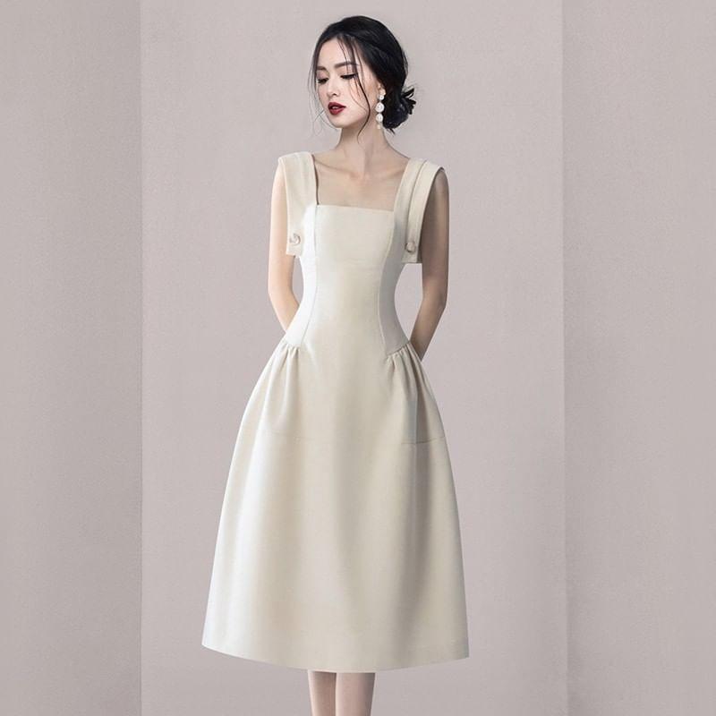 Sleeveless Square Neck Plain Midi A-Line Dress Product Image