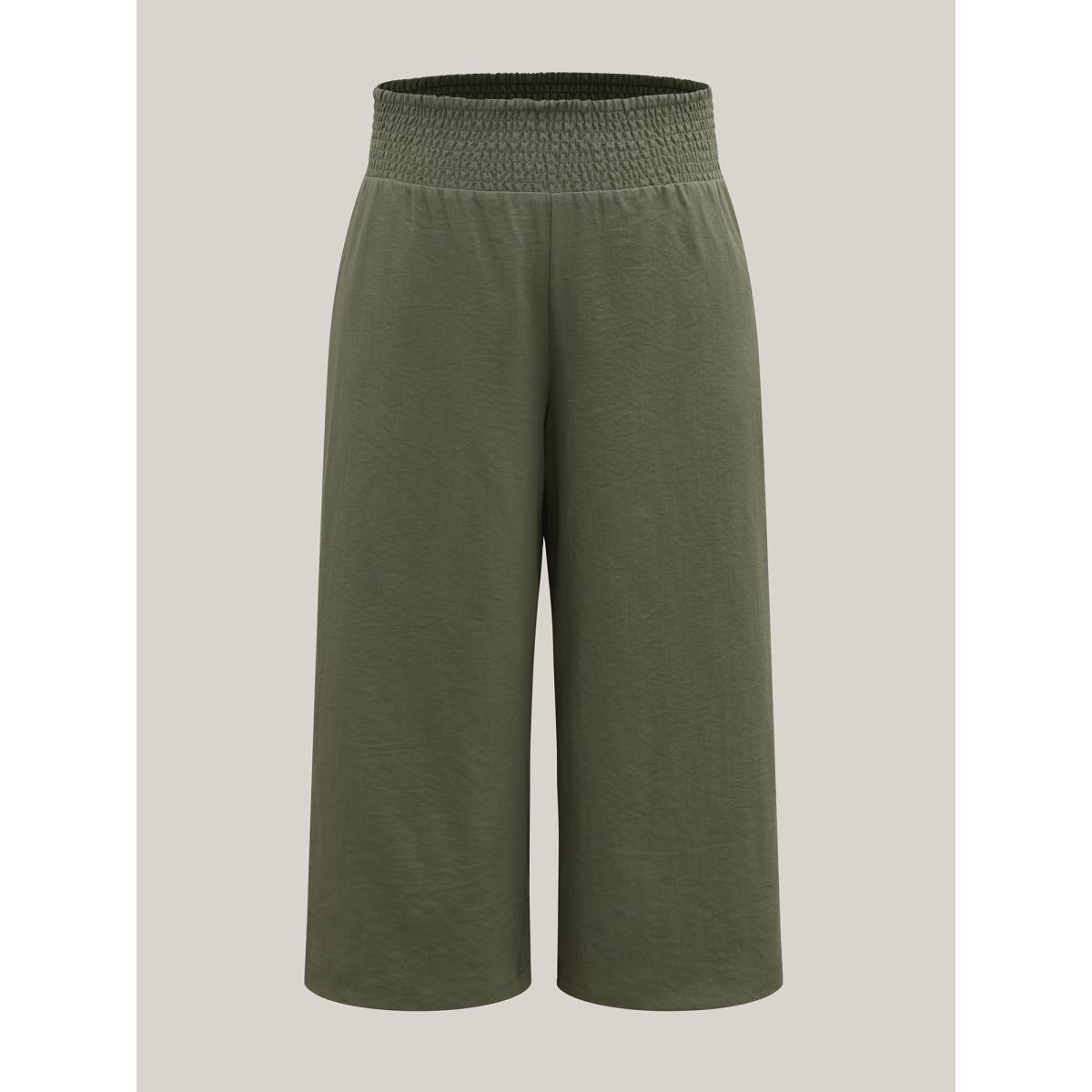 Plus Size Shirred Waist Wide-Leg Solid Pants Women ArmyGreen Resort Wide Leg Mid Rise Vacation Pants BloomChic 18-20/2X Product Image