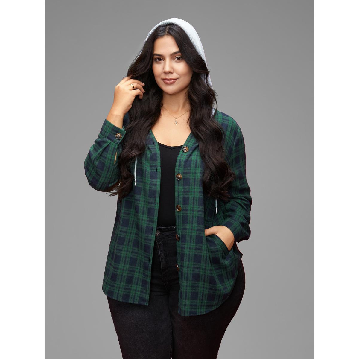 Plus Size Plaid Hooded Drawstring Jacket Women DarkGreen Contrast Slanted pocket Everyday Jackets BloomChic 22-24/3X Product Image