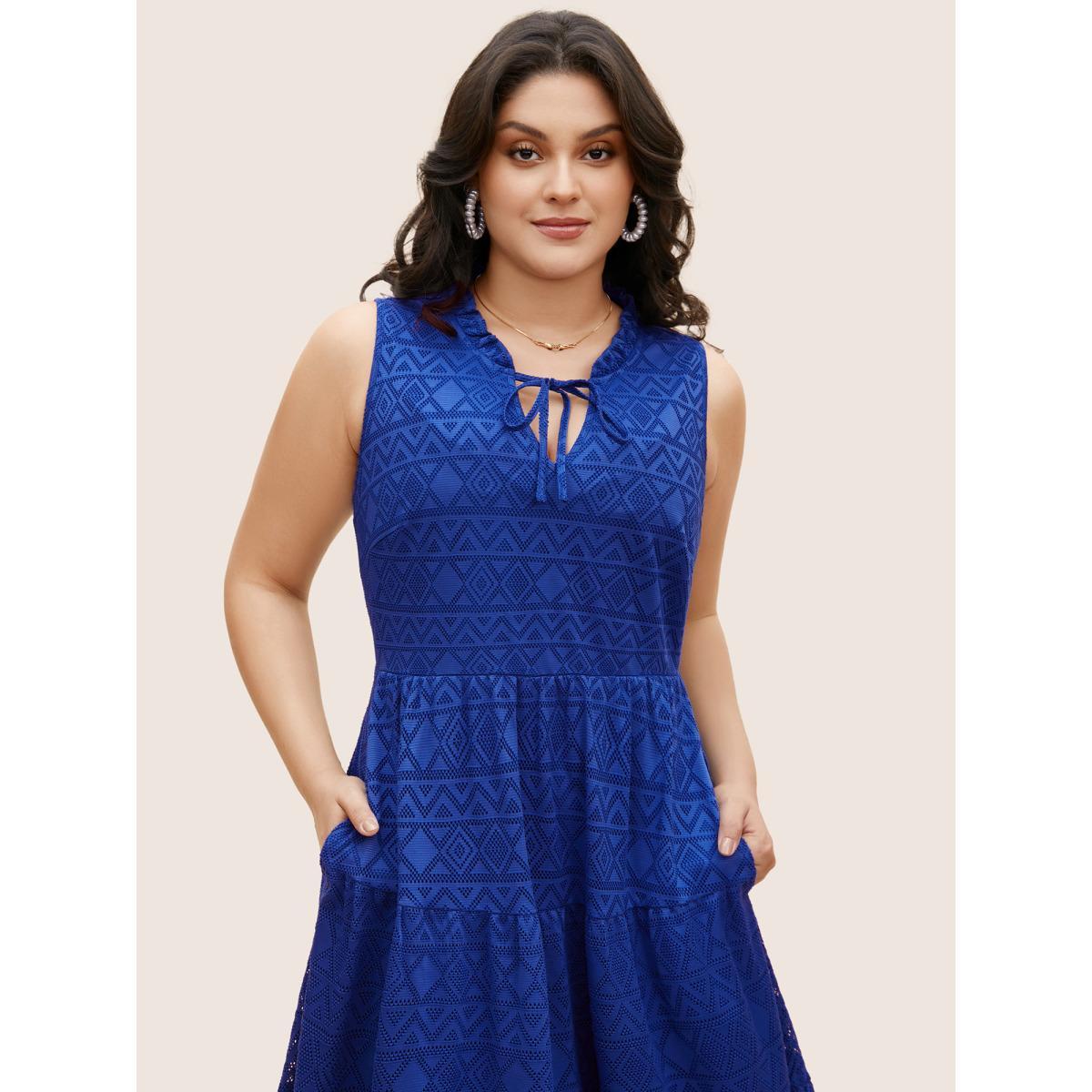 Plus Size Geometric Cut Out Tie Knot Sleeveless Dress Brightblue Women Elegant Tie knot Notched collar Sleeveless Curvy BloomChic 10/M Product Image