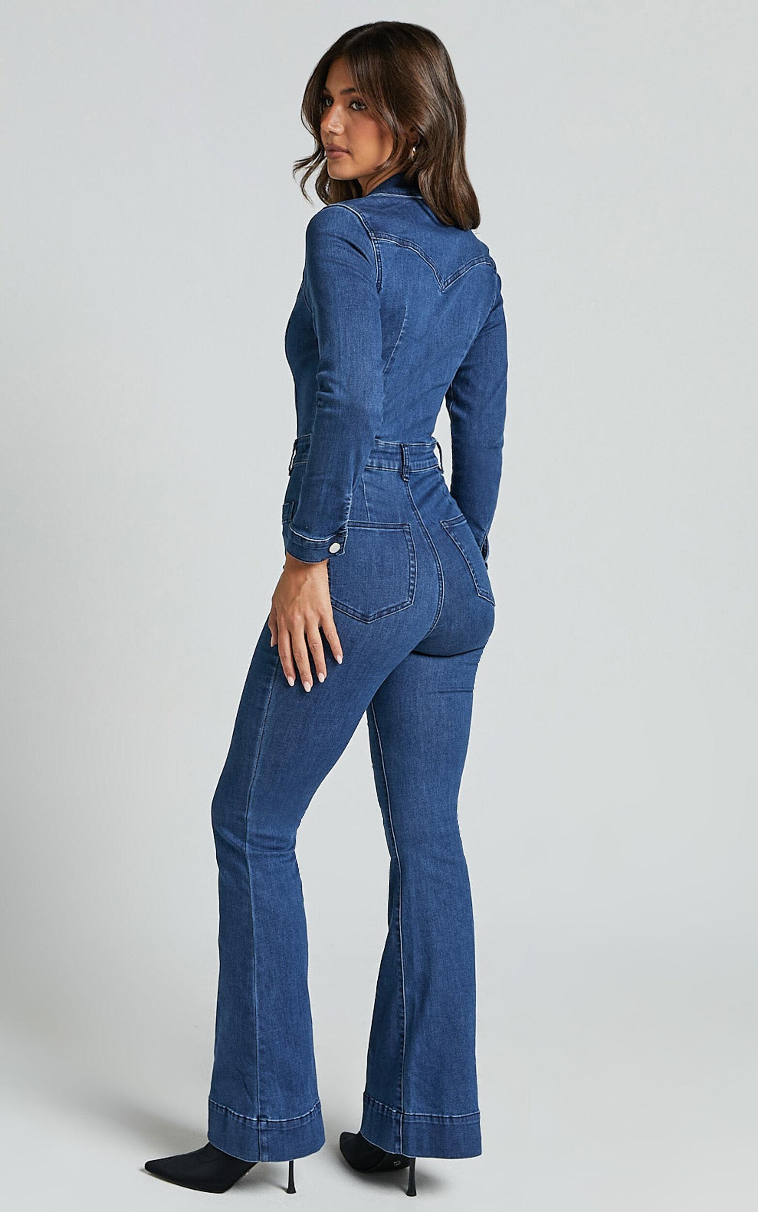 Vivi Jumpsuit - Button Front Wide Leg Denim Jumpsuit in Indigo Wash Product Image