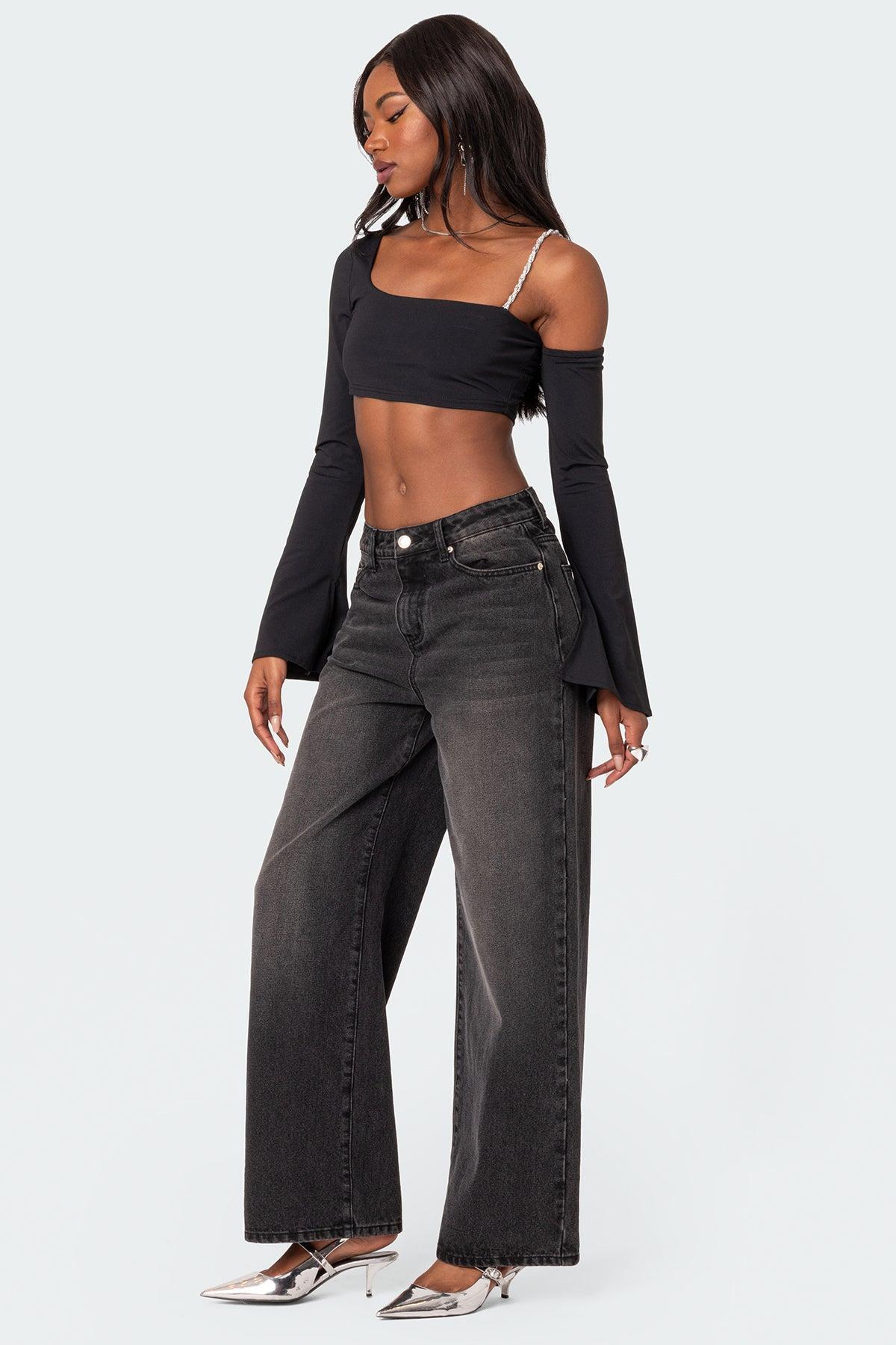 Rhinestone Strap Asymmetric Crop Top Product Image