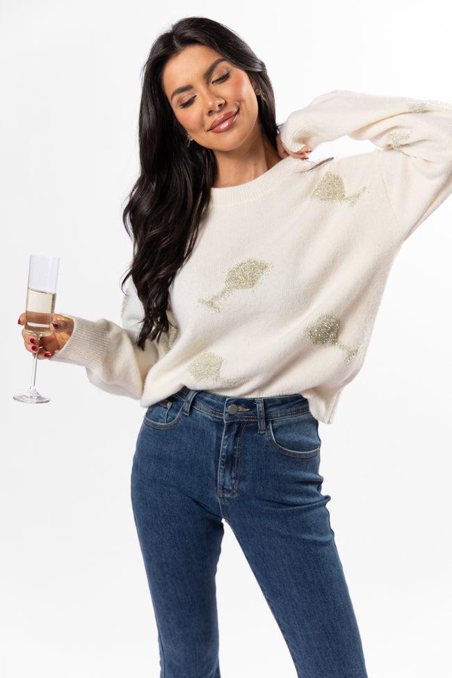 Pop The Bubbly Glitter Wine Glass Embroidered Cream Sweater Product Image