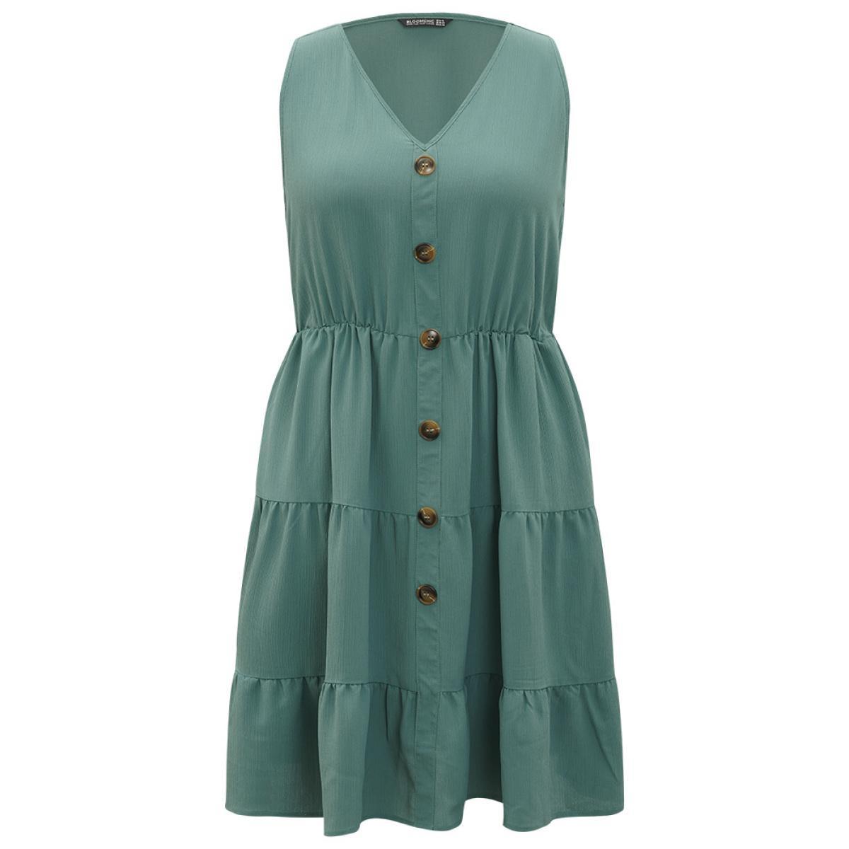 Plus Size Plain Button Detail Ruffle Layered Hem Gathered Tank Dress Teal Women Elegant Patchwork V-neck Sleeveless Curvy Knee Dress BloomChic 22-24/3X Product Image