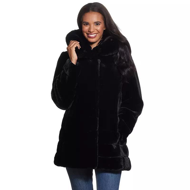Women's Gallery Hooded Faux-Fur Coat, Size: Large, Black Product Image
