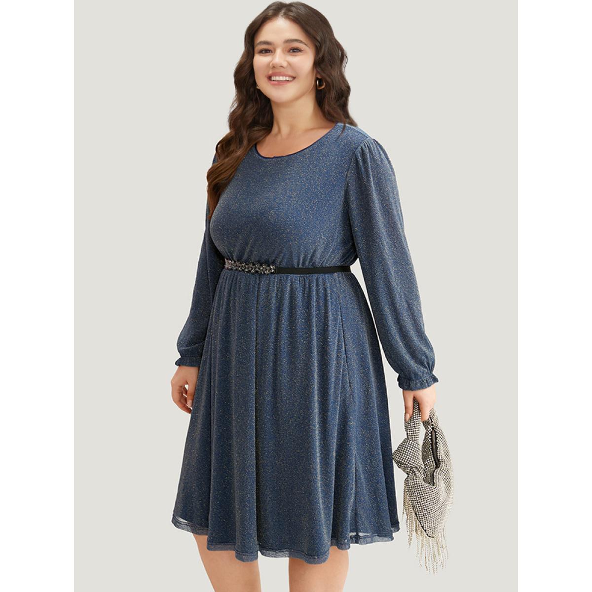 Plus Size Glitter Crew Neck Pocket Pleated Dress Aegean Women Party Elastic cuffs Round Neck Long Sleeve Curvy Midi Dress BloomChic 22-24/3X Product Image