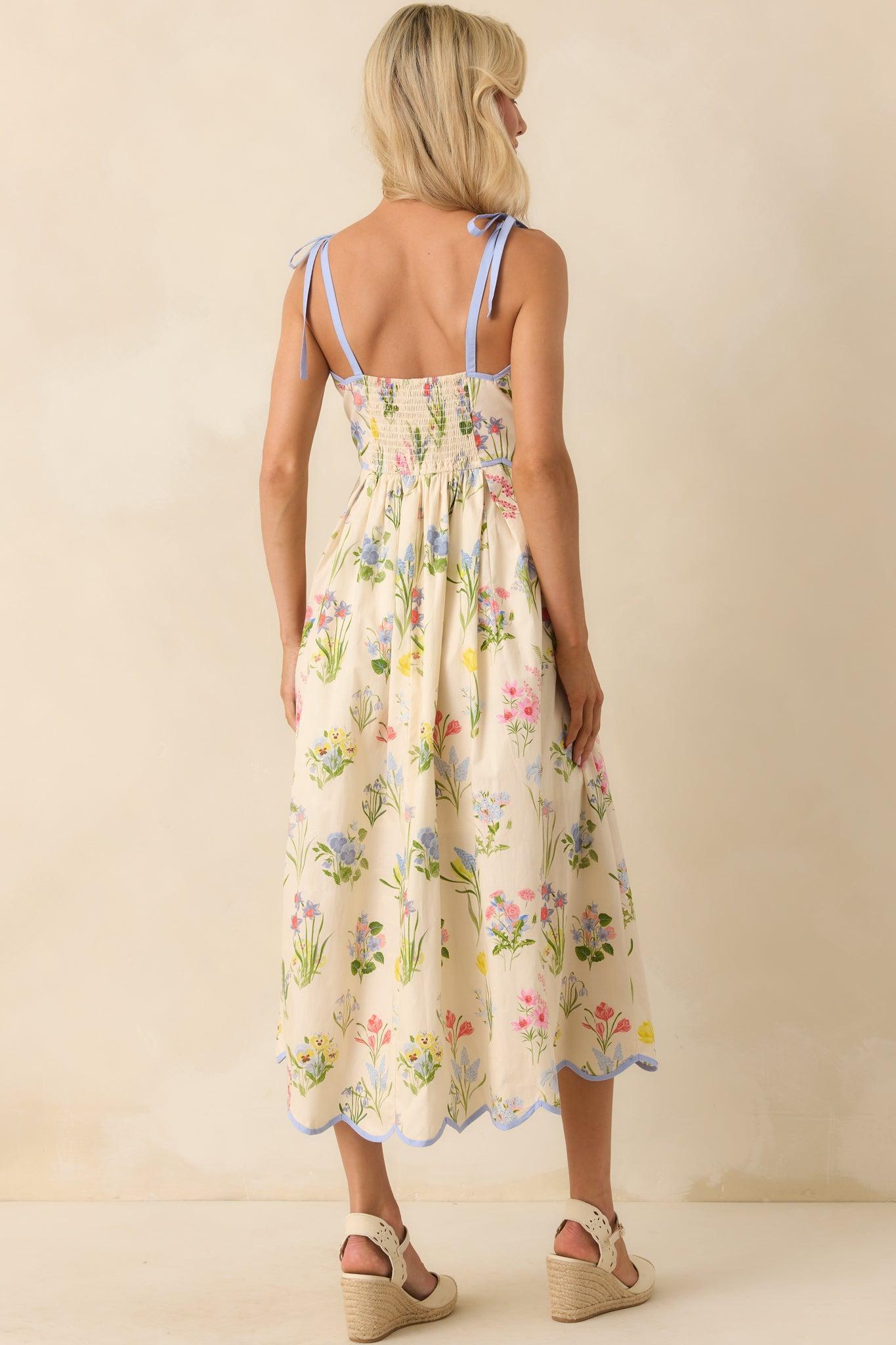 In This Lifetime Ivory Floral Print Cotton Scallop Hem Midi Dress Product Image