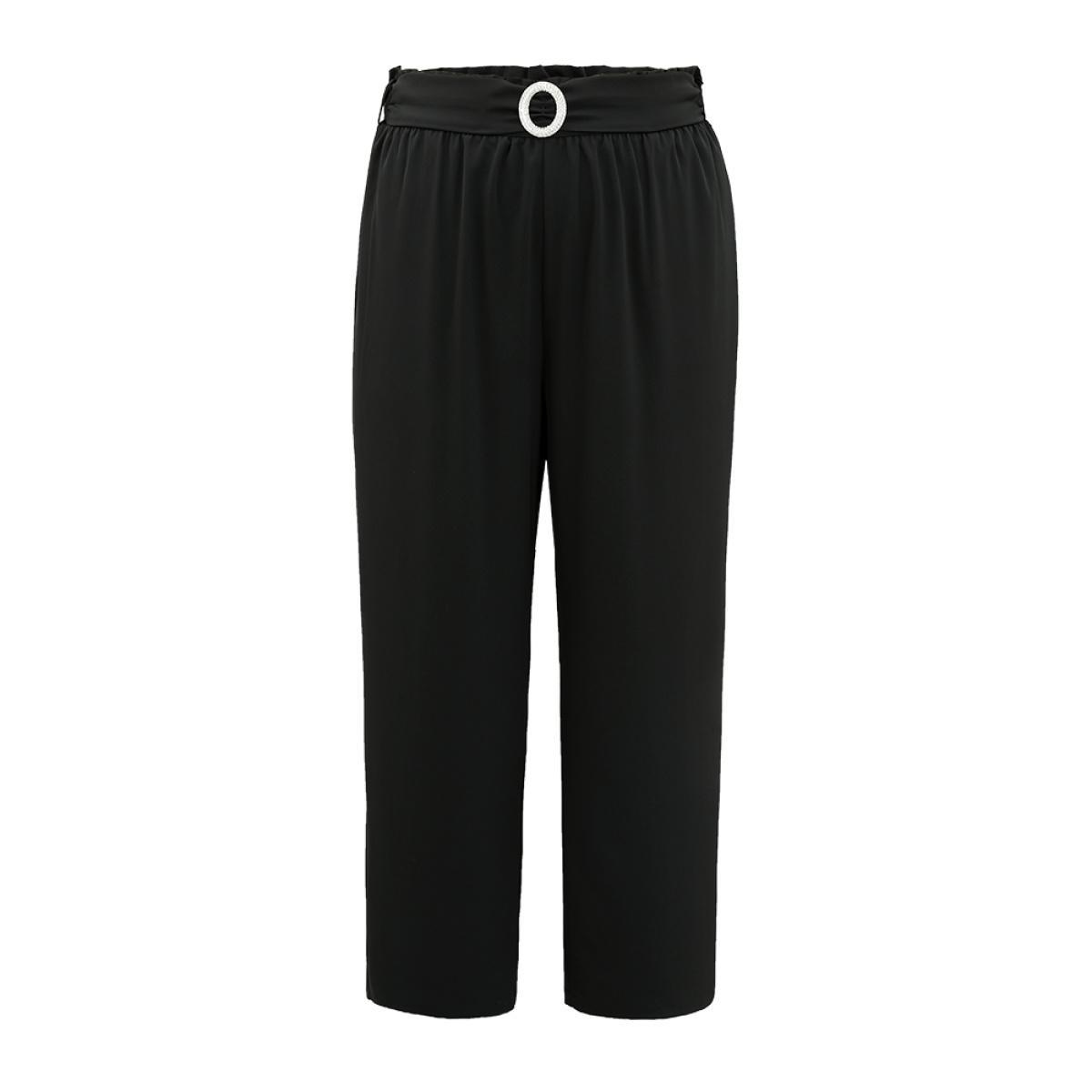 Plus Size Static-Free Solid Glitter Buckle Detail Belted Pants Women Black Office Straight Leg High Rise Work Pants BloomChic 12/L Product Image