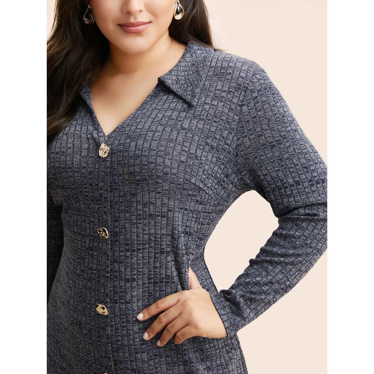 Plus Size Textured Buckle Detail Split Hem Dress Indigo Women At the Office Texture Shirt collar Long Sleeve Curvy BloomChic 22-24/3X Product Image