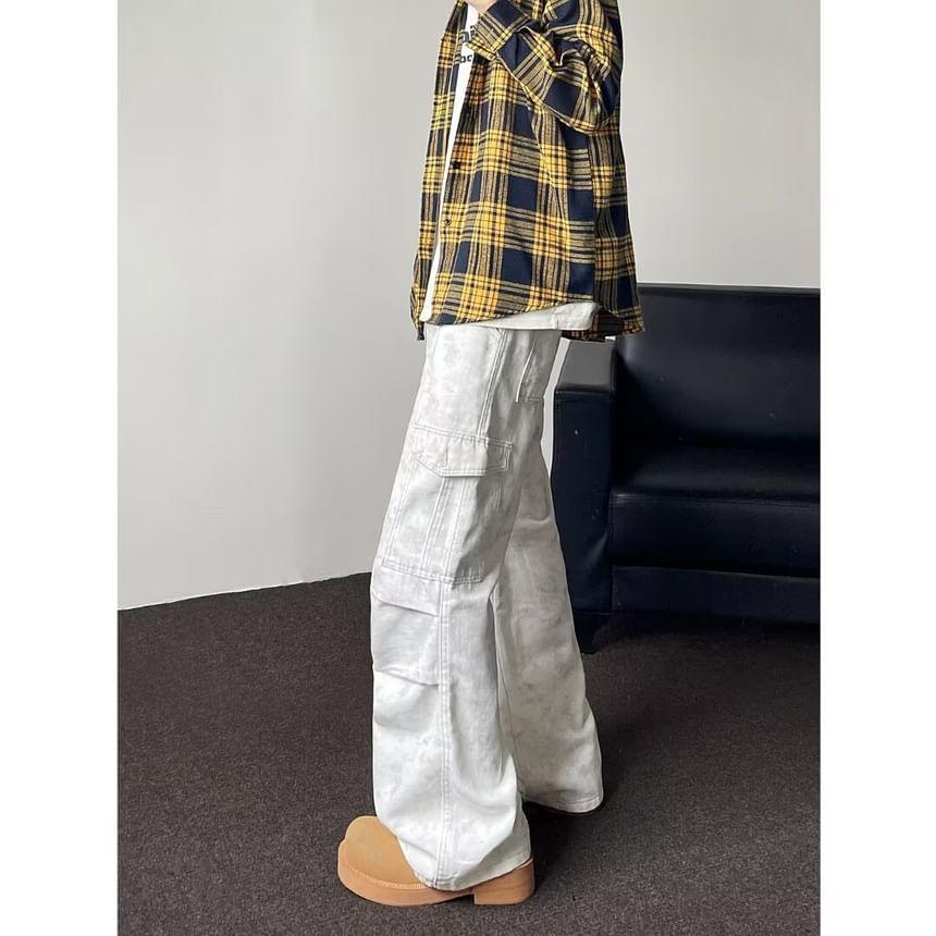 Mid Rise Tie Dye Wide Leg Cargo Jeans Product Image