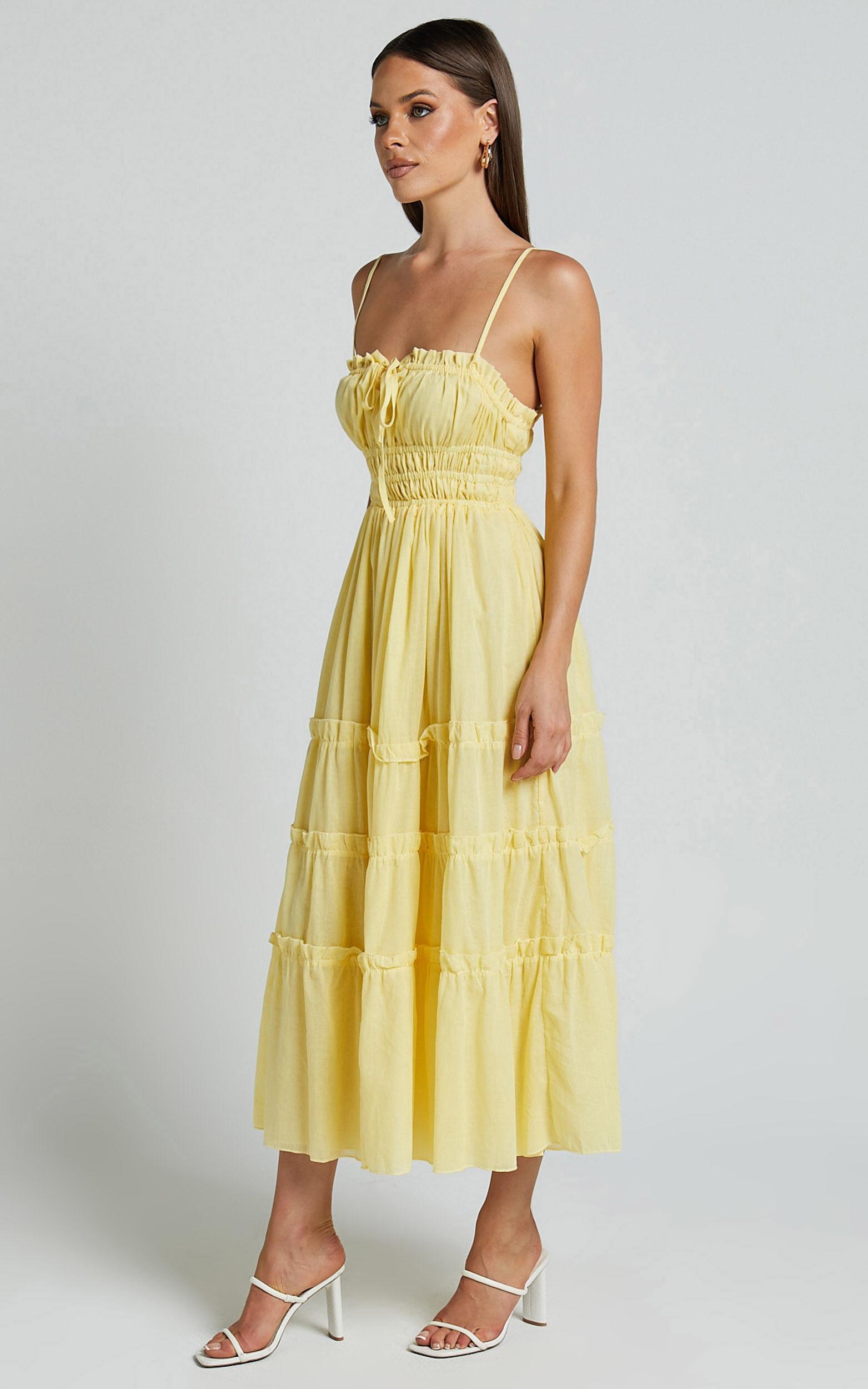 Schiffer Midi Dress - Strappy Ruched Tie Front Tiered Dress in Yellow Product Image
