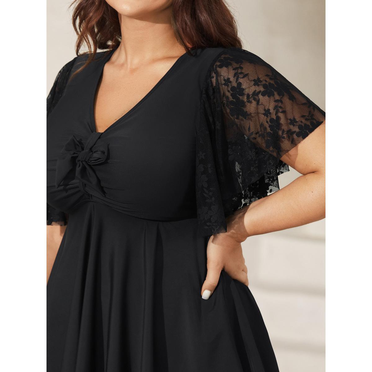 Plus Size Knotted Lace Sheer Sleeve Swim Top Women's Swimwear Black Beach Tie knot High stretch Bodycon V-neck Curve Swim Tops BloomChic 30/6X Product Image
