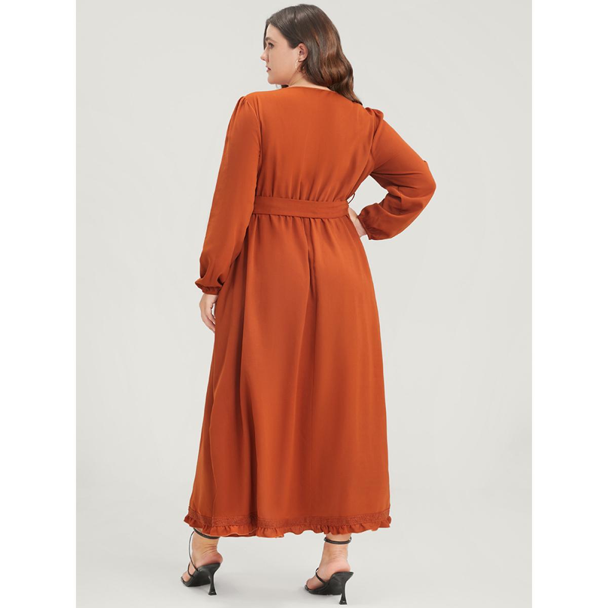Plus Size Solid Lantern Sleeve Pocket Frill Trim Wrap Belted Dress Rust Women Elegant Plain V-neck Long Sleeve Curvy Long Dress BloomChic 28/5X Product Image