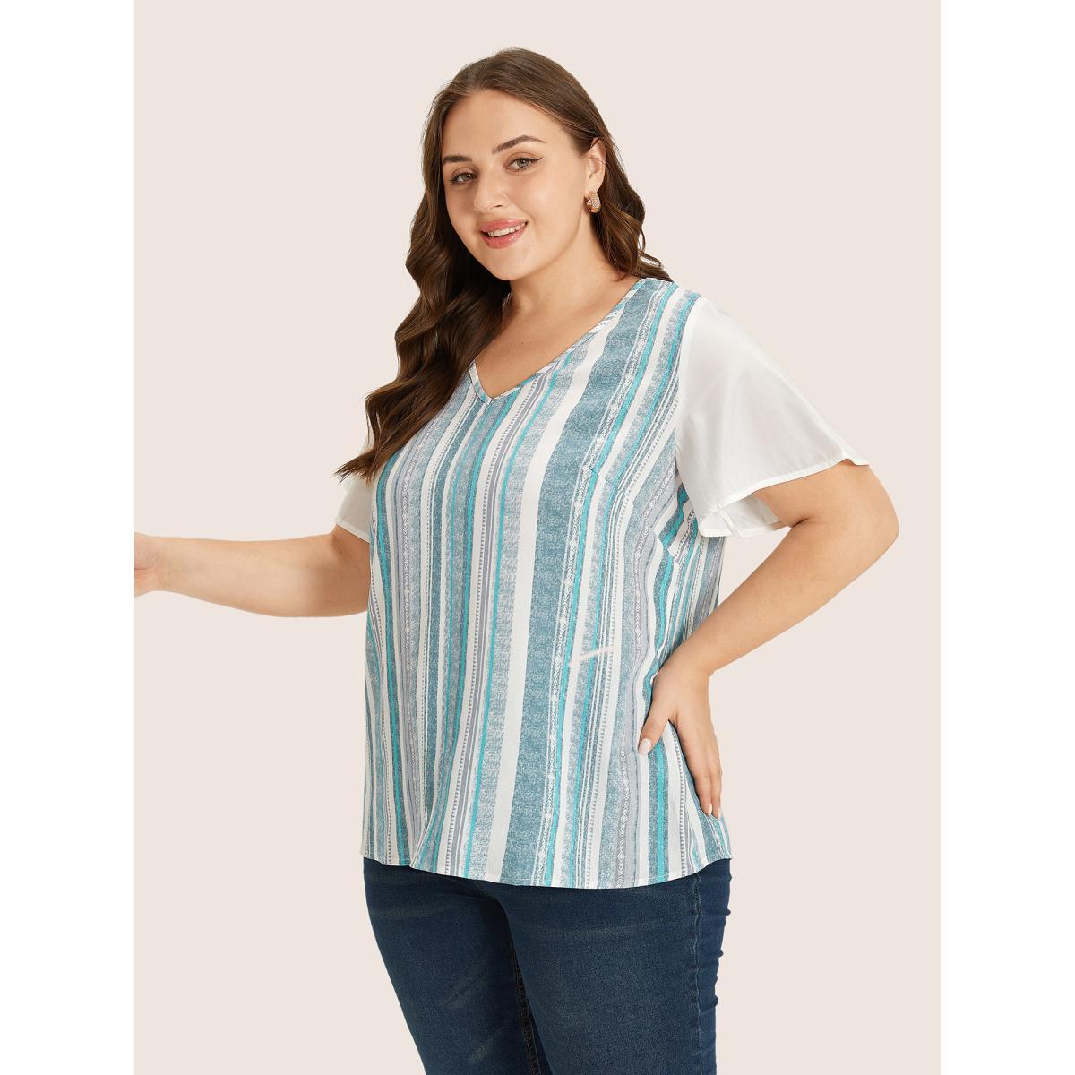 Plus Size Cerulean Striped Contrast Patchwork Ruffle Sleeve Blouse Women Resort Short sleeve V-neck Vacation Blouses BloomChic 28/5X Product Image