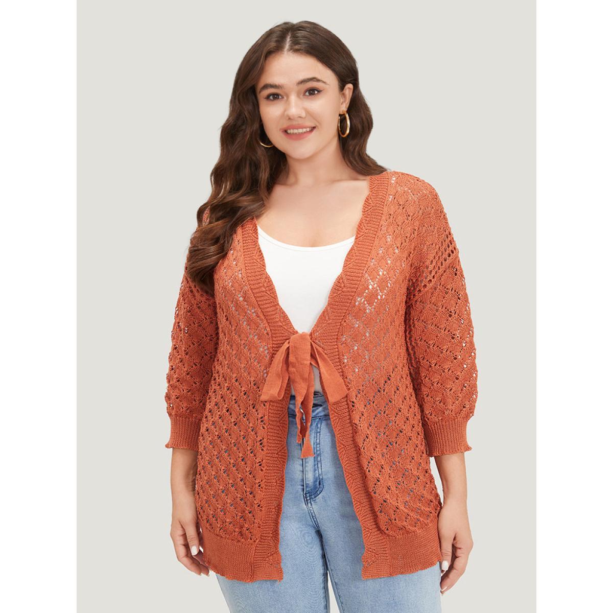 Plus Size Solid Hollow Out Ties Front Elastic Cuffs Cardigan Chocolate Women Casual Loose Elbow-length sleeve Dailywear Cardigans BloomChic 28/5X Product Image