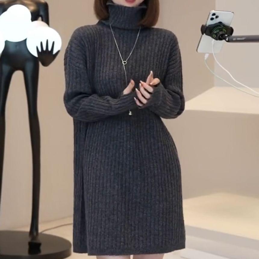 Long-Sleeve Turtleneck Plain Ribbed Mini Knit Dress Product Image