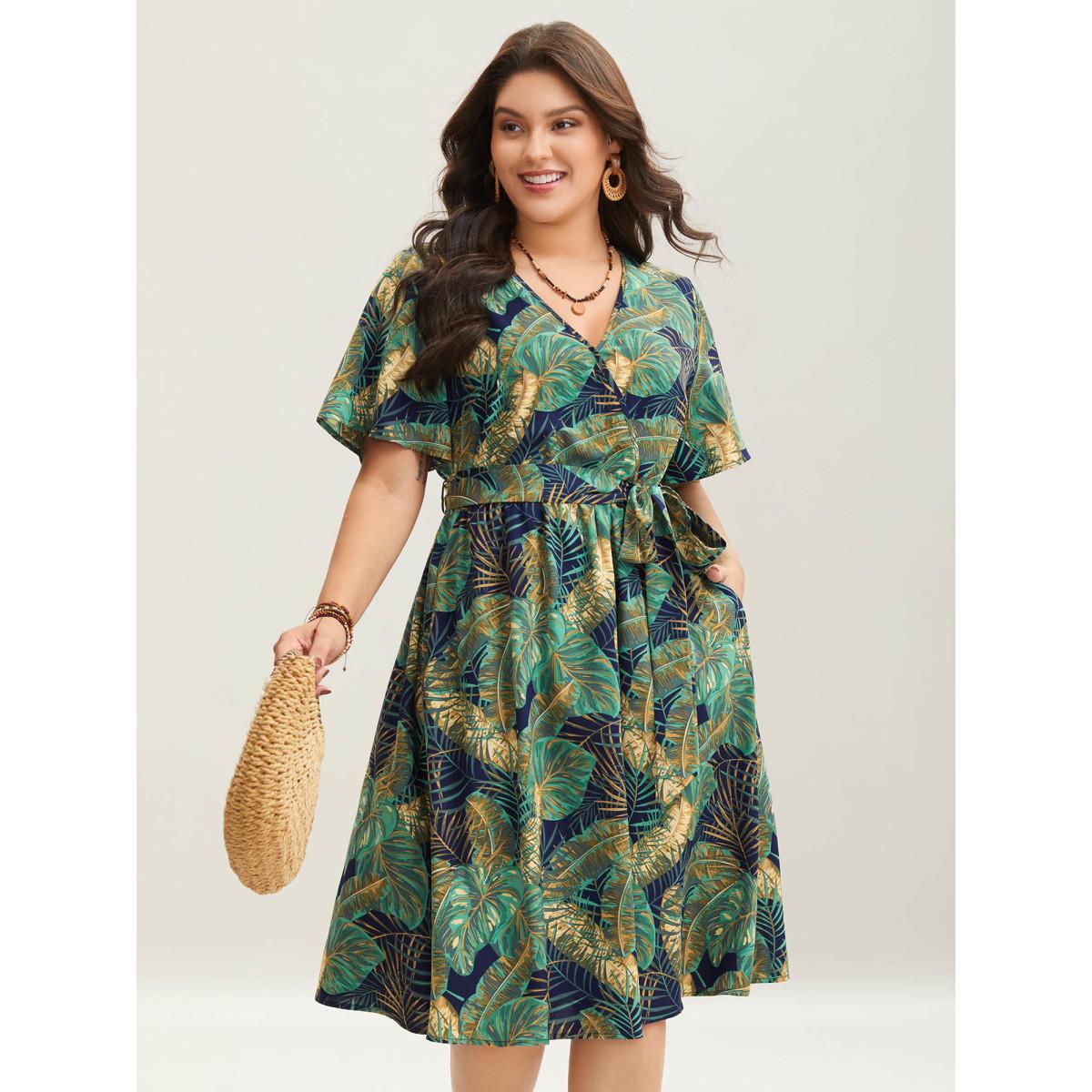 Plus Size Tropical Print Belted Pocket Midi Dress Navy Women Overlap Collar Short sleeve Curvy BloomChic 22-24/3X Product Image
