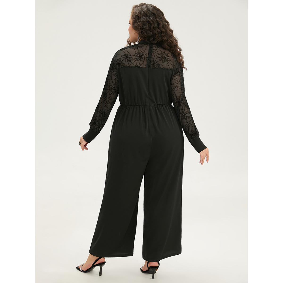 Plus Size Black Halloween Anti-Wrinkle Spider Web Crochet Lace Mesh Jumpsuit Women Glamour Long Sleeve Mock Neck Festival-Halloween Loose Jumpsuits BloomChic 12/L Product Image