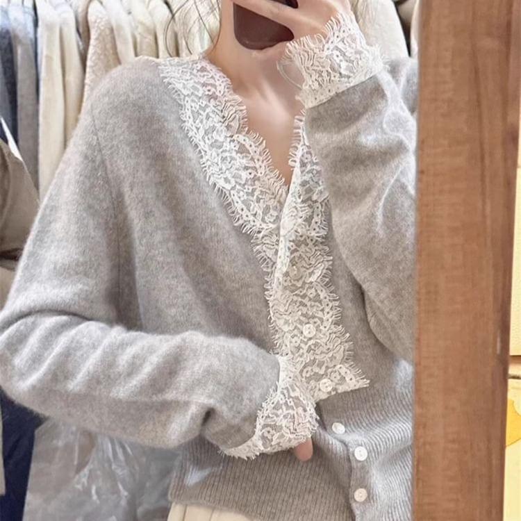 Long Sleeve V-Neck Button Panel Lace Knit Top Product Image
