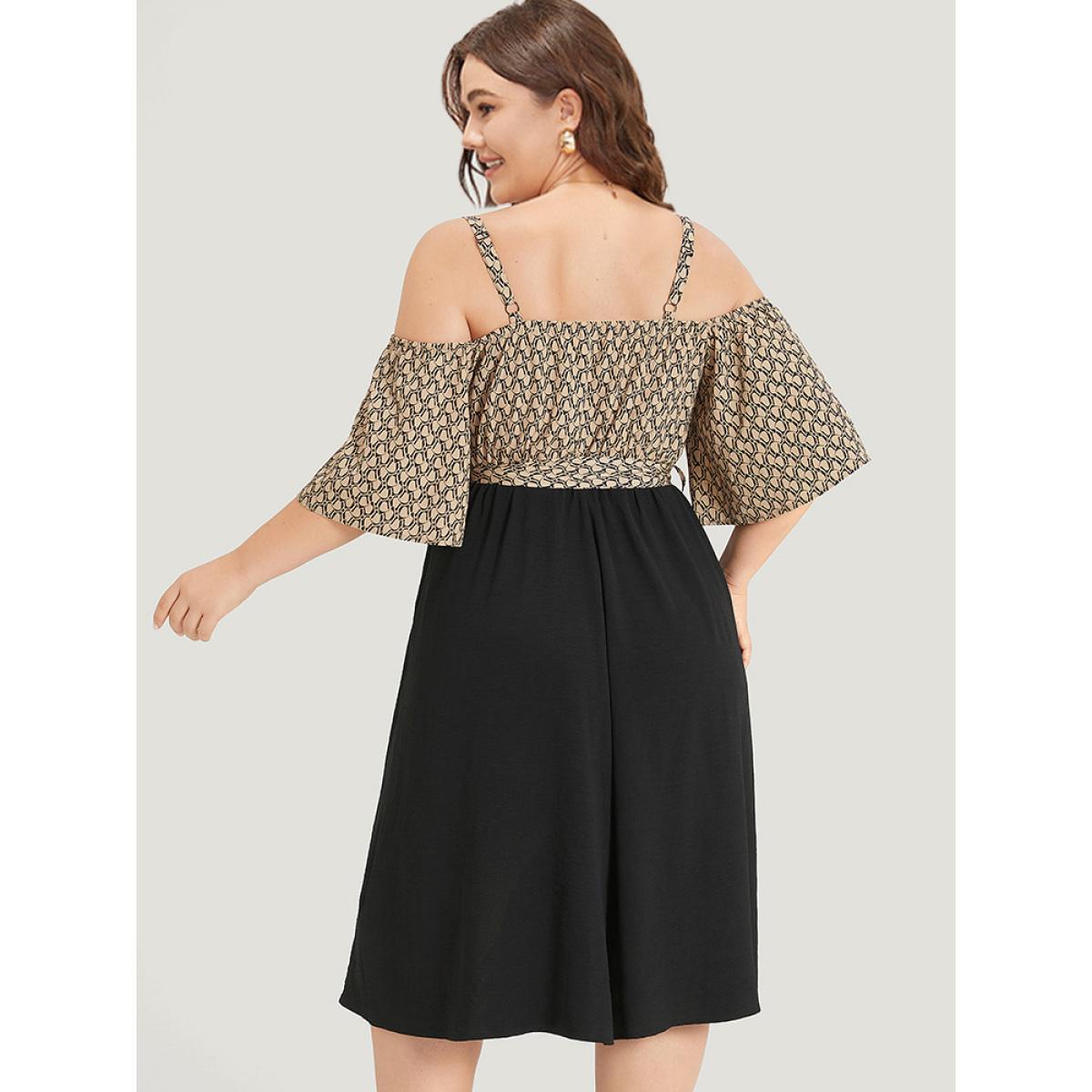 Plus Size Geometric Patchwork Pocket Belted Cold Shoulder Dress Tan Women Office Adjustable Straps Keyhole Cut-Out Half Sleeve Curvy Knee Dress BloomChic 18-20/2X Product Image