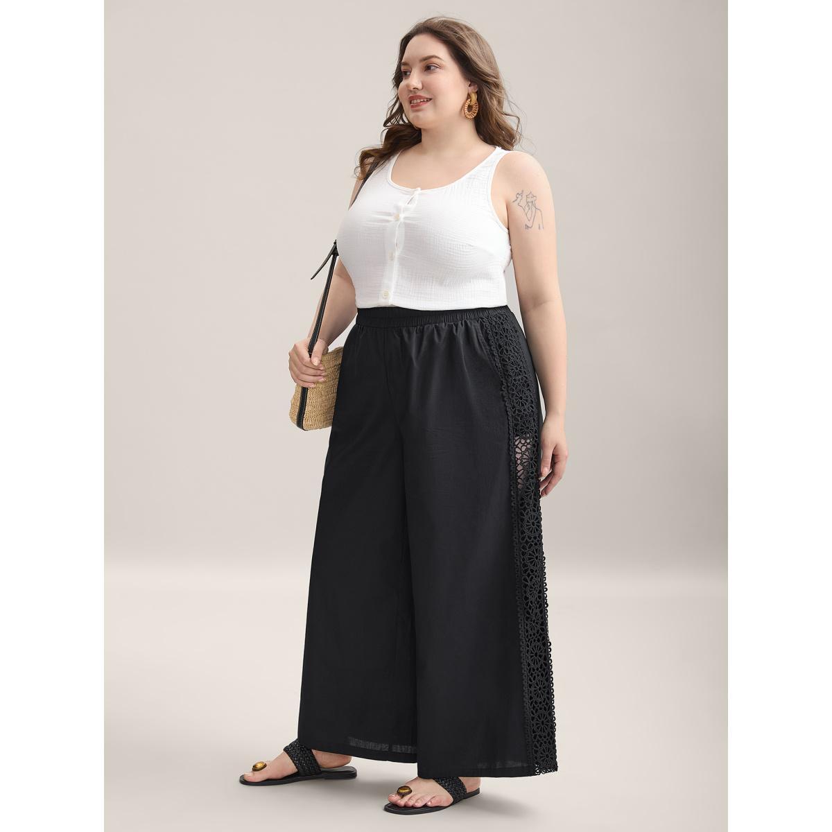 Plus Size Cotton Side Lace Wide-Leg Pants Women Black Resort Wide Leg Mid Rise Vacation Pants BloomChic 22-24/3X Product Image