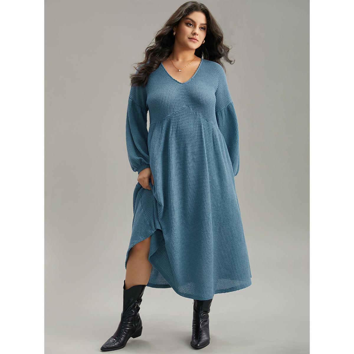 Plus Size Solid Waffle Knit Pocket Lantern Sleeve Dress Aegean Women Casual Texture V-neck Long Sleeve Curvy Midi Dress BloomChic 26/4X Product Image