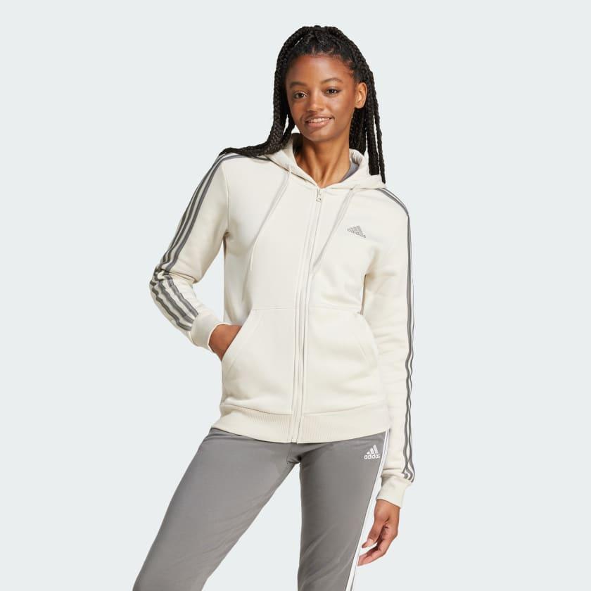 adidas Essentials 3-Stripes Full-Zip Fleece Hoodie Linen Green S Womens Product Image