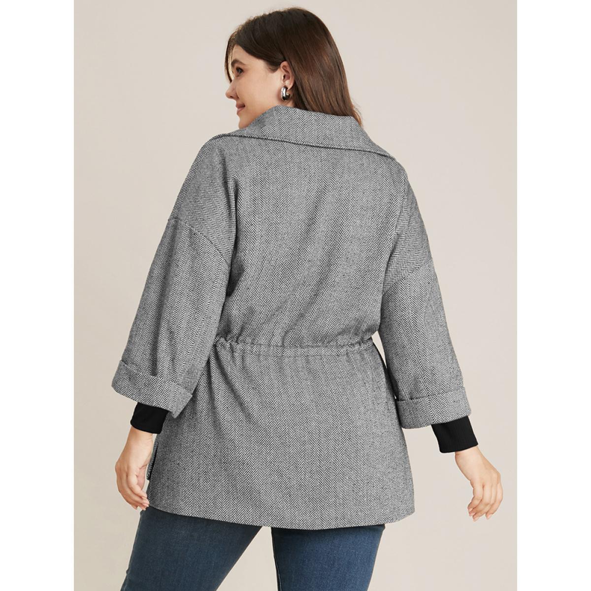 Plus Size Chevron Pattern Pocket Split Hem Drawstring Coat Women Black At the Office Drawstring Ladies Work Winter Coats BloomChic 22-24/3X Product Image