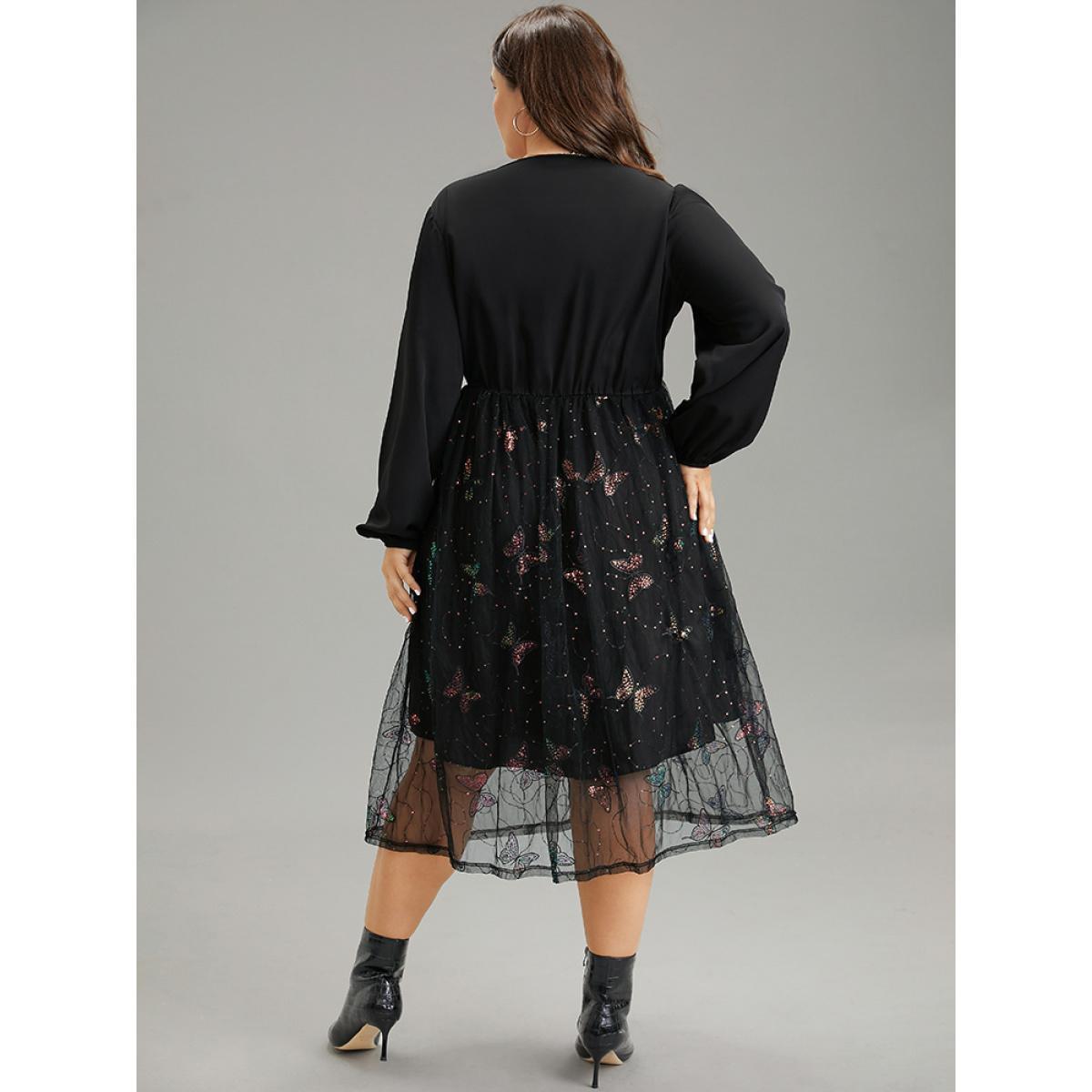 Plus Size Butterfly Patchwork Lace Mesh Wrap Sequin Dress Black Women Elegant Sequin Overlap Collar Long Sleeve Curvy Midi Dress BloomChic 10/M Product Image