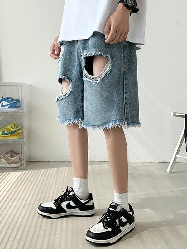 Men's Vintage Distressed Ripped Denim Shorts Product Image