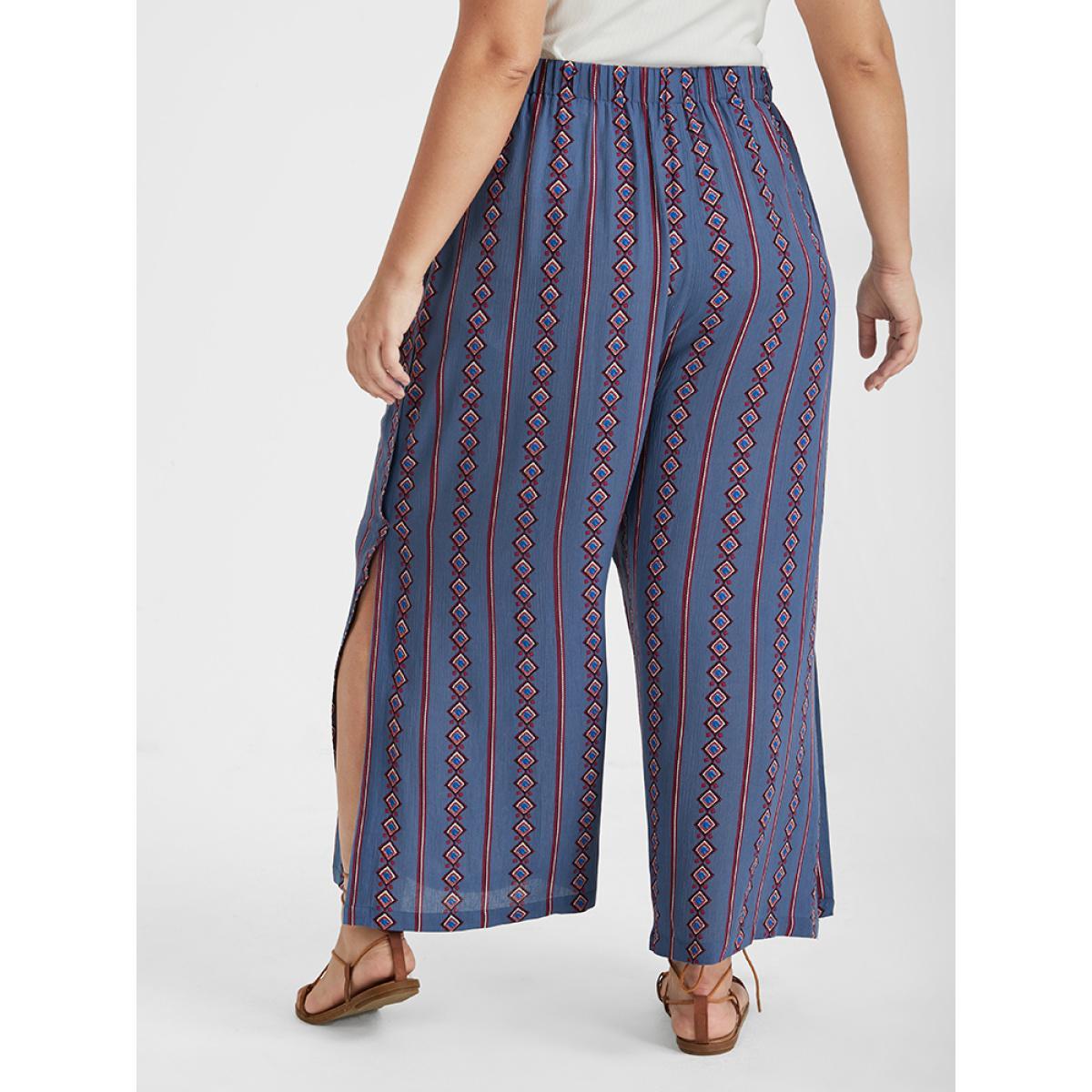 Plus Size Ditsy Floral Belted Split Loose Pants Women LightBlue Vacation Loose High Rise Dailywear Pants BloomChic 28/5X Product Image