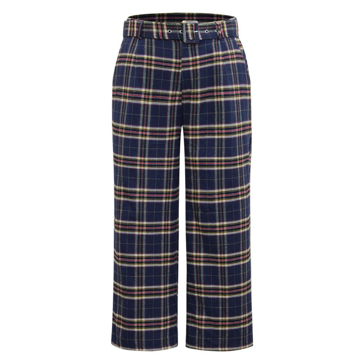 Plus Size Plaid Pocket Eyelet Belted Straight Leg Pants Women Indigo Office Straight Leg High Rise Work Pants BloomChic 18-20/2X Product Image
