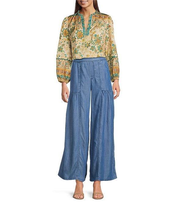 Current Air Floral Ruffled Split Collar Long Sleeve Blouse Product Image