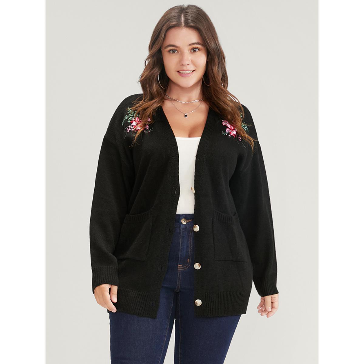 Plus Size Floral Embroidered Pointelle Knit Pocket Button Front Cardigan Black Women Elegant Long Sleeve Dailywear Cardigans BloomChic 12/L Product Image