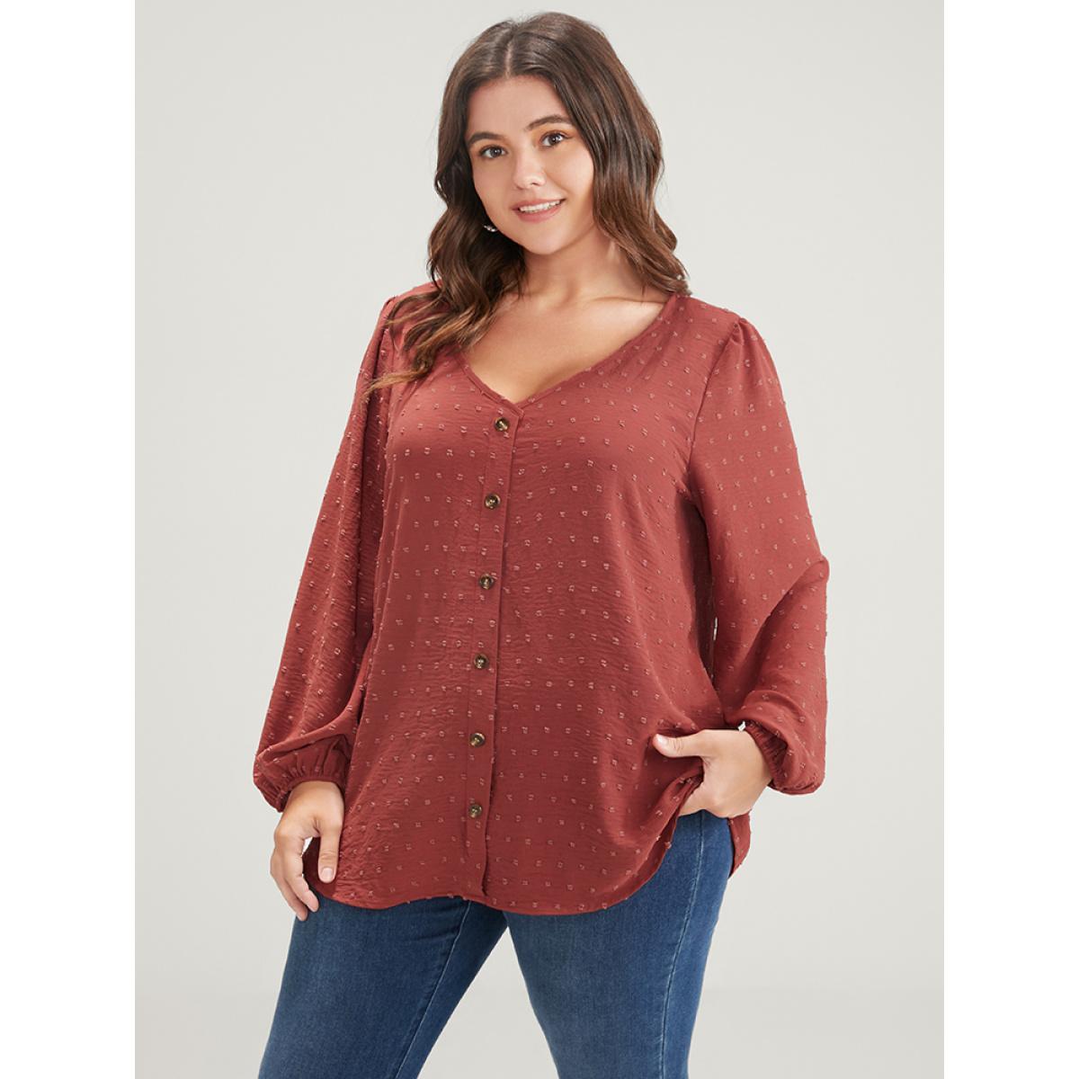 Plus Size Russet Solid Button Lantern Sleeve V Neck Blouse Women Elegant Long Sleeve V-neck Dailywear Blouses BloomChic 18-20/2X Product Image