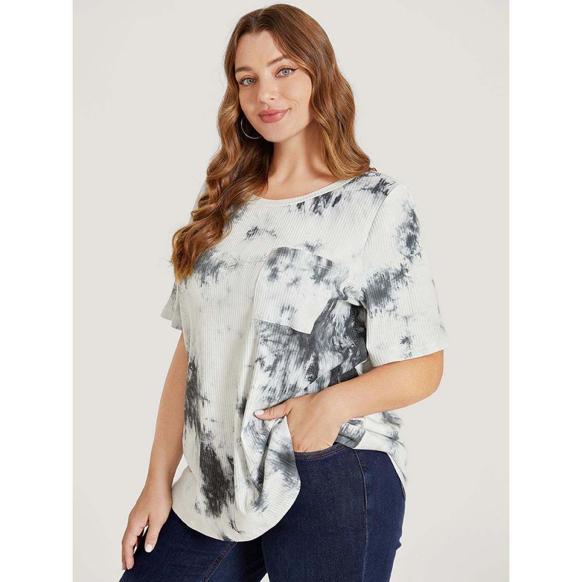 Plus Size Tie Dye Pocket Rib Knit T-shirt Gray Women Casual Tie Dye Round Neck Dailywear T-shirts BloomChic 22-24/3X Product Image