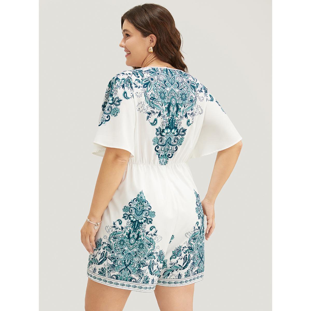 Plus Size Emerald Bandana Print Ruffle Sleeve Pocket Button Detail Romper Women Vacation Short sleeve V-neck Dailywear Loose Jumpsuits BloomChic 10/M Product Image