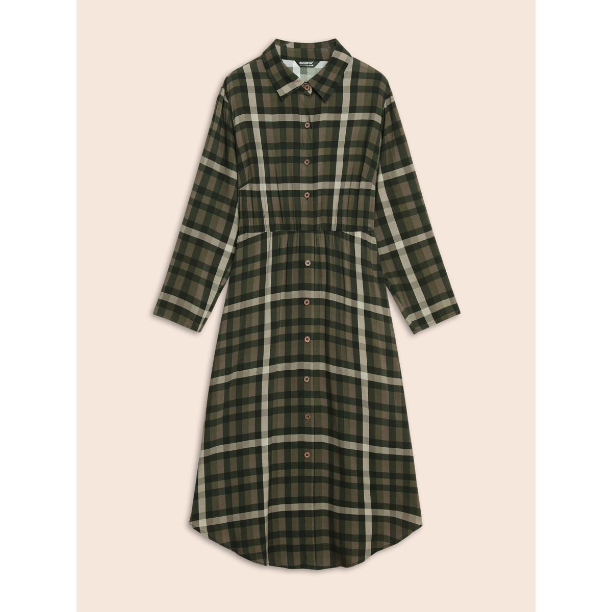 Plus Size Plaid Shirt Collar Curved Hem Dress Yellowishbrown Women Elegant Button Shirt collar Long Sleeve Curvy BloomChic 28/5X Product Image