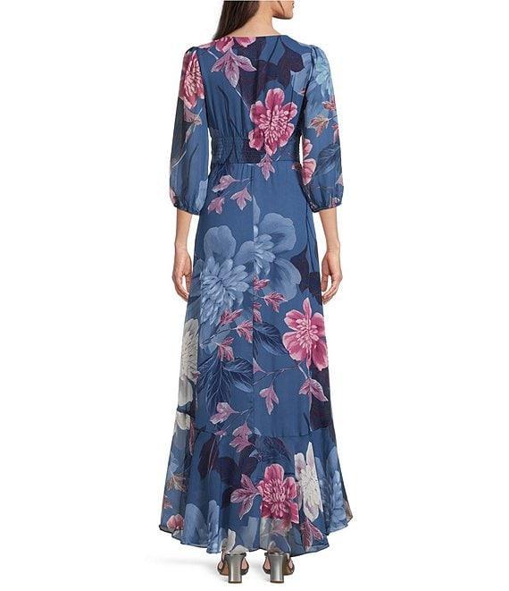 Moda Tara Chiffon 3/4 Sleeve Ruffle Floral Print V-Neck Wrap Maxi Dress Product Image