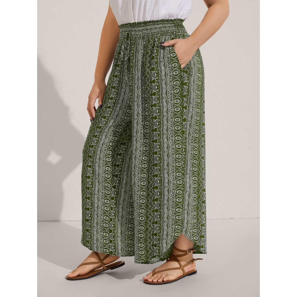 Plus Size Boho Print Shirred Waist Wide-Leg Pants Women Moss Resort Wide Leg Mid Rise Vacation Pants BloomChic 22-24/3X Product Image