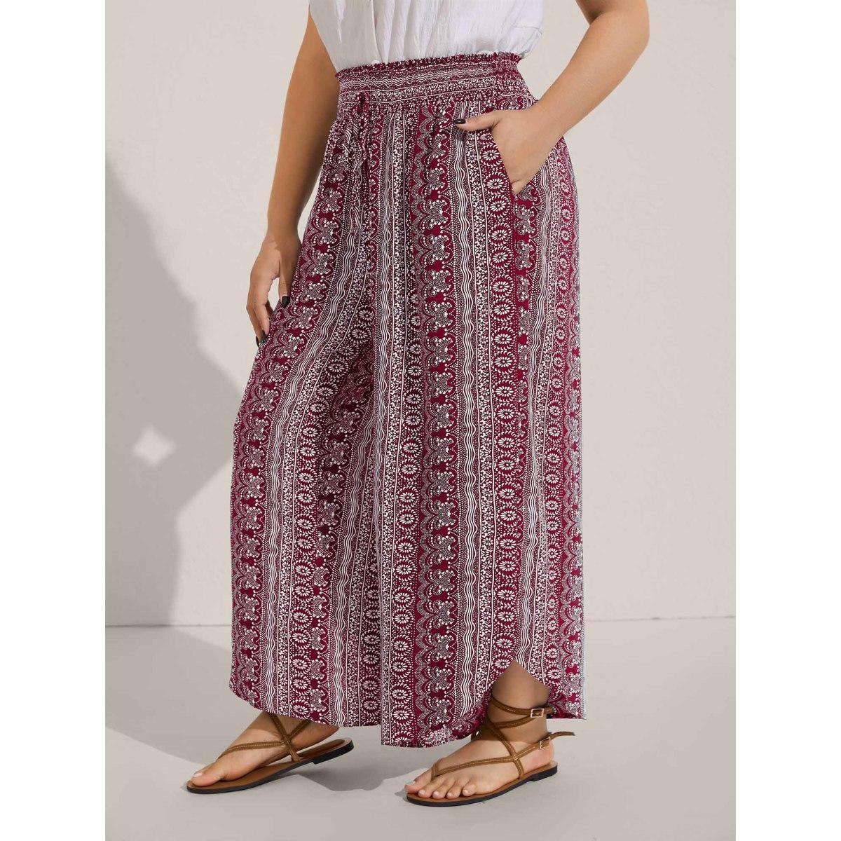 Plus Size Boho Print Shirred Waist Wide-Leg Pants Women Burgundy Resort Wide Leg Mid Rise Vacation Pants BloomChic 14-16/1X Product Image