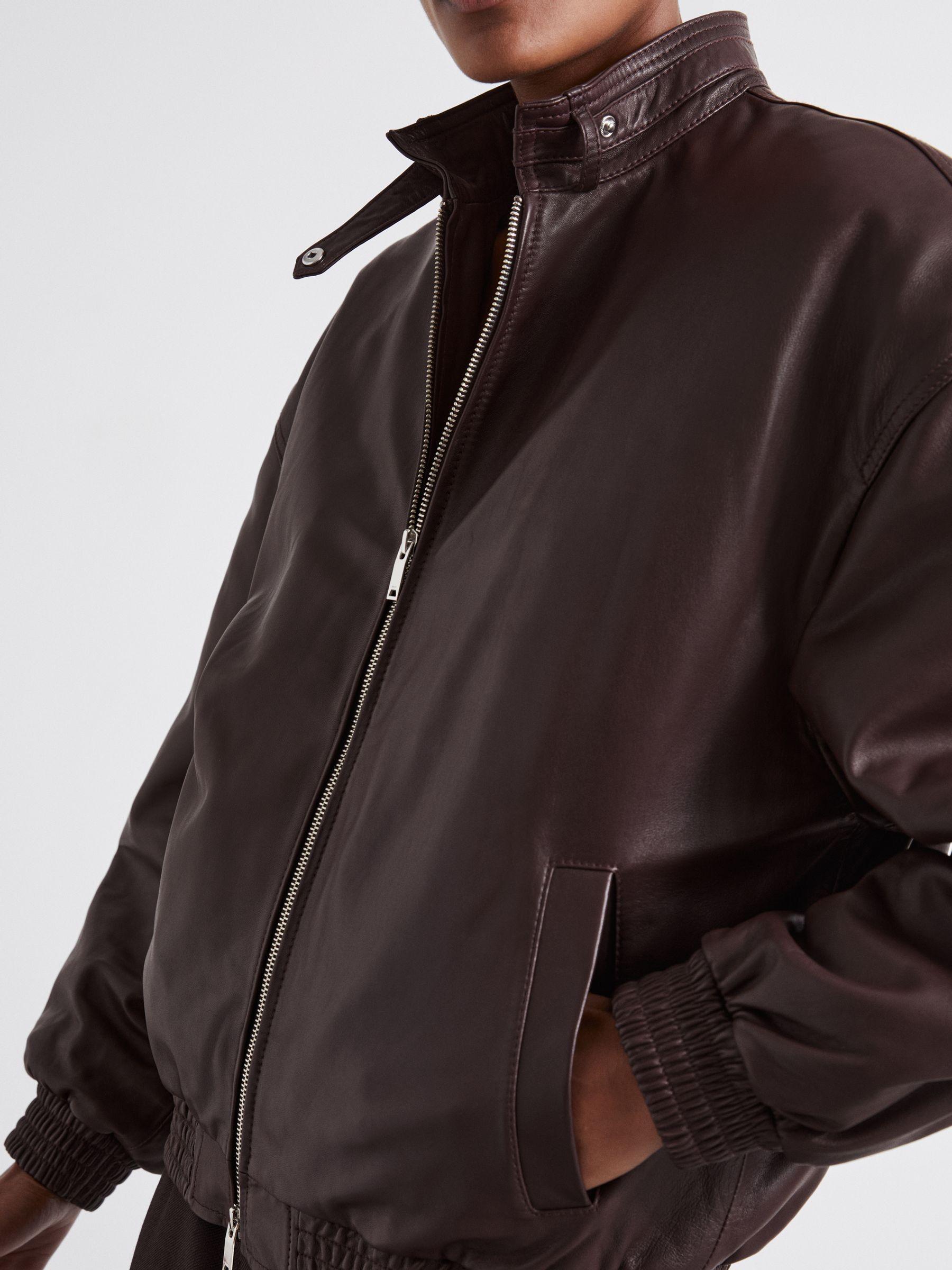 Atelier Leather Latched-Collar Bomber Jacket in Berry Product Image