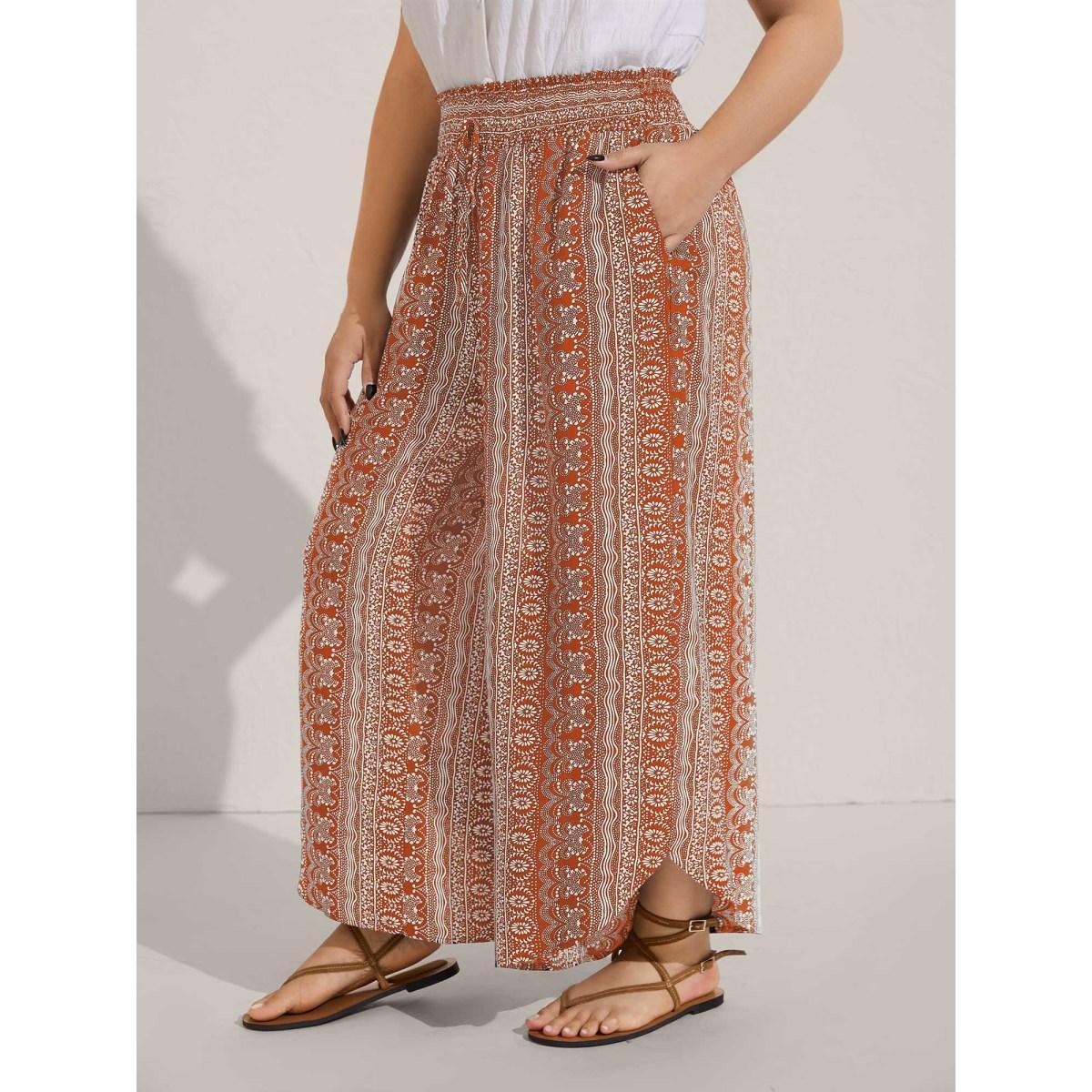 Plus Size Boho Print Shirred Waist Wide-Leg Pants Women Lilac Resort Wide Leg Mid Rise Vacation Pants BloomChic 26/4X Product Image