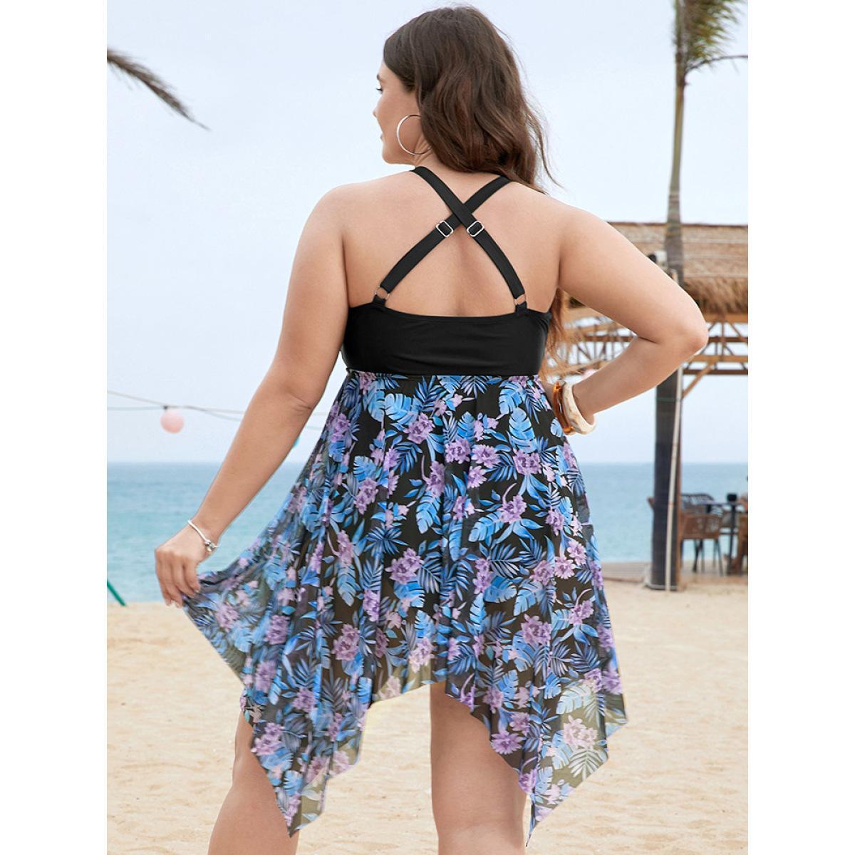 Plus Size Floral Cut Out Halter Neck Hanky Hem Swim Dress Women's Swimwear BlackFlower Vacation Bodycon Halter neck High stretch Curve Swim Dresses BloomChic 10/M Product Image