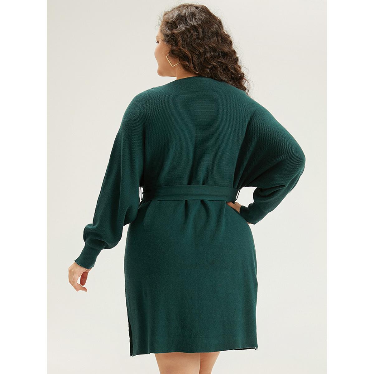 Plus Size Supersoft Essentials Solid Belted Split Batwing Sleeve Sweater Dress DarkGreen Women Casual Loose Long Sleeve Dailywear Sweater Dresses BloomChic 22-24/3X Product Image