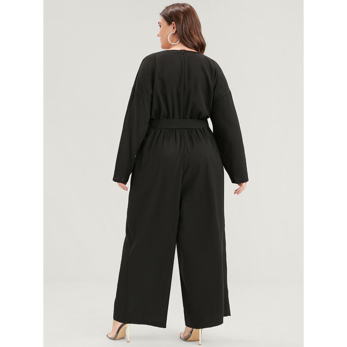 Plus Size Black Solid Embroidered Pocket Belted Jumpsuit Women Elegant Long Sleeve V-neck Dailywear Loose Jumpsuits BloomChic 28/5X Product Image