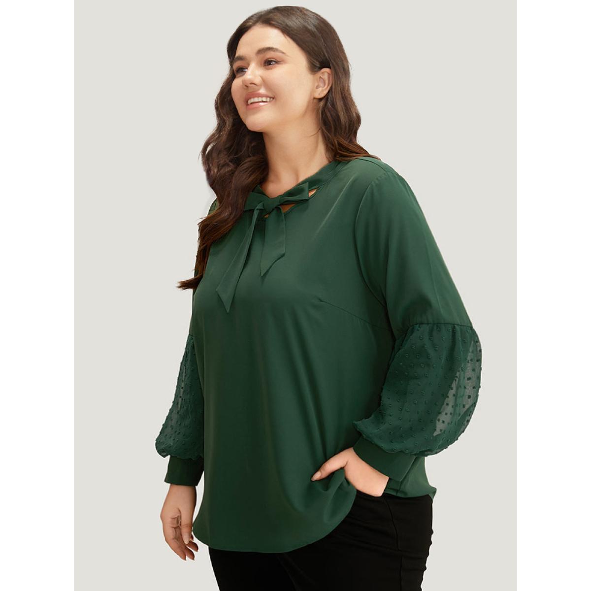 Plus Size DarkGreen Knot Neck Lace Patchwork Lantern Sleeve Blouse Women Office Long Sleeve Tie Neck Work Blouses BloomChic 14-16/1X Product Image